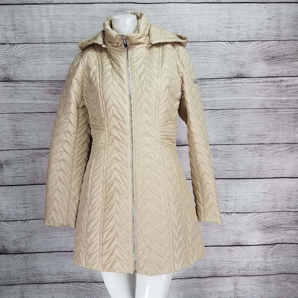 NWT Via Spiga Hooded Jacket Coat Zig Zag Quilted Zip up Pockets Beige Womens XS